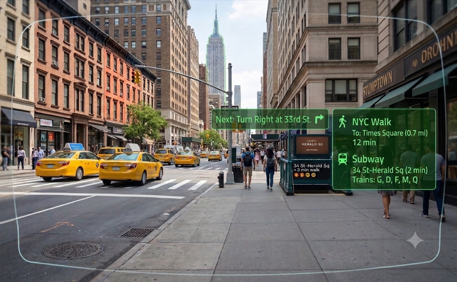 Walking directions and subway times rendered in the lens on a New York street