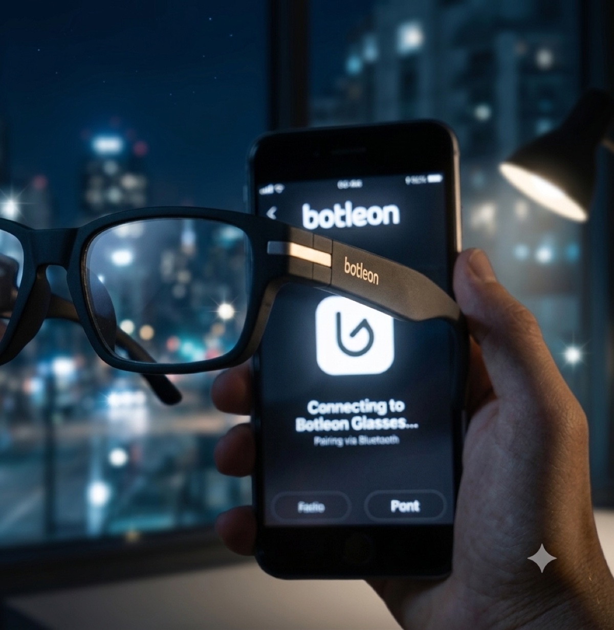 The Botleon app pairing with Mimosa over Bluetooth, city lights behind